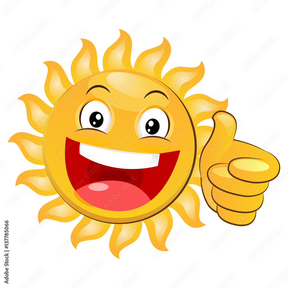 Thumbs Up Icon. Smiling Yellow Happy Sun Giving A Thumbs Up. Cartoon Vector Isolated On White Background. Smiling Sun Emoji. Smiling Sun.