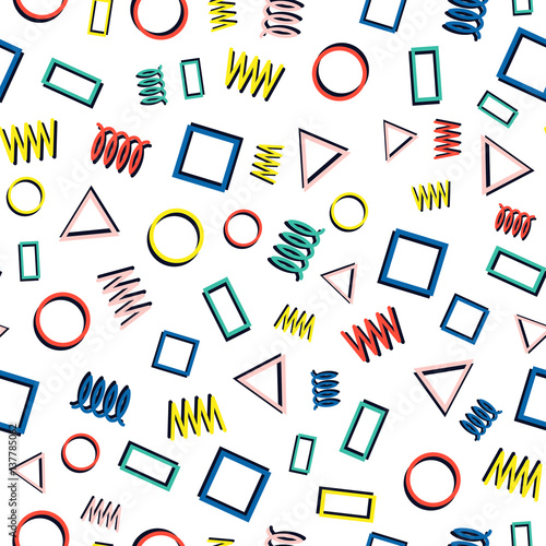 Retro memphis geometric line shapes seamless patterns. Hipster fashion 80-90s. Abstract jumble textures. Zigzag lines. Triangle. Memphis style for printing, website, design, poster.