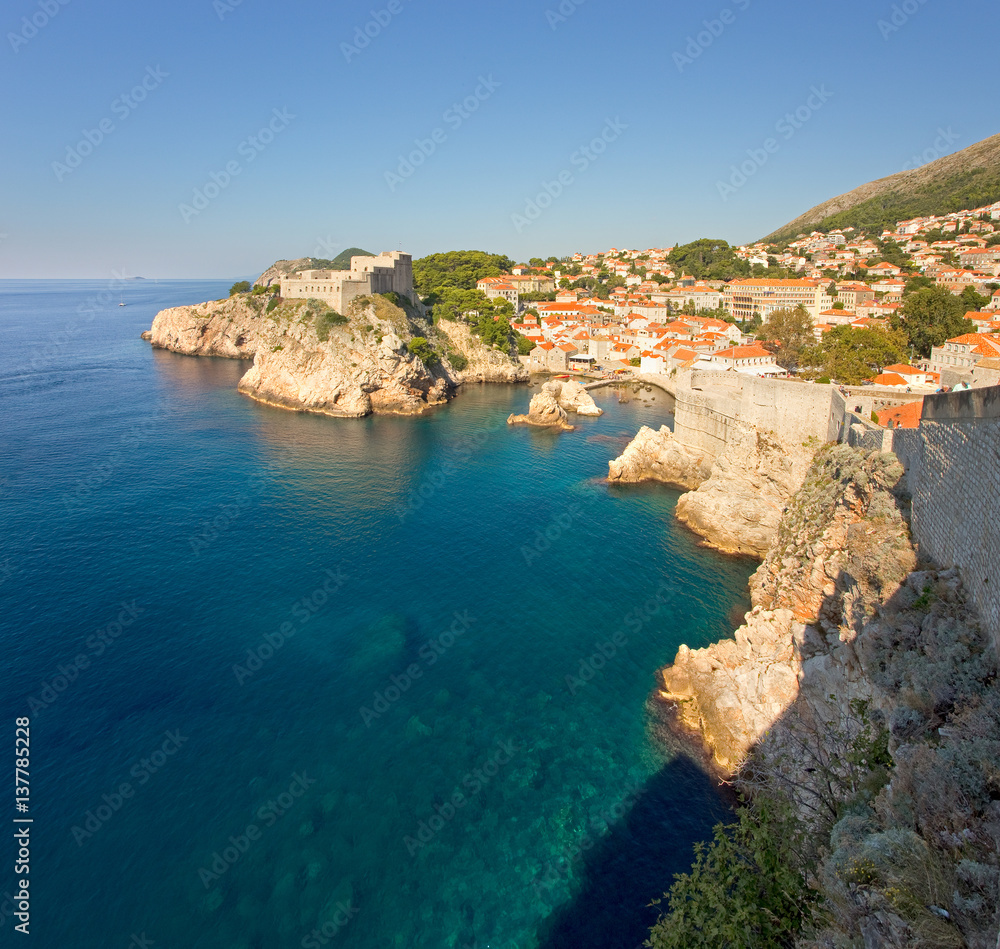 Ancient city walls and associated fortresses of Dubrovnik, Croatia, overlooking the Adriatic Sea