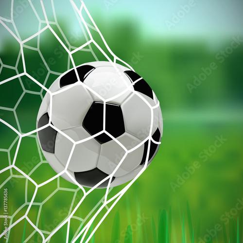 Soccer or Football 3d Ball in the Net on green background. © Yury