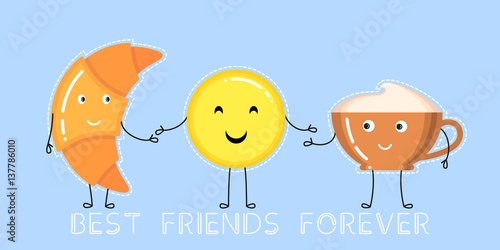 vector illustration of croissant, coffee cup, smiling yellow emoji that hold on to the hands and text "best friends forever" on blue background