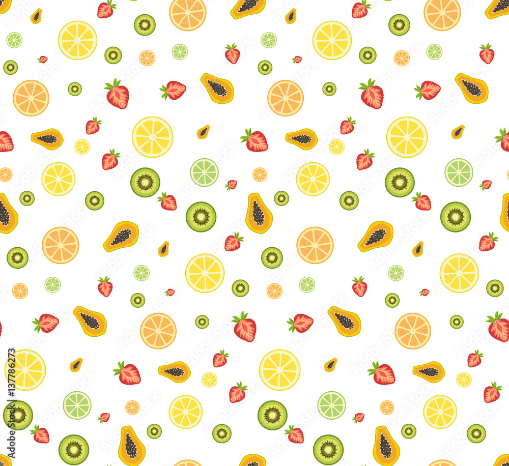 Colorful tropical fruits and strawbarries seamless pattern