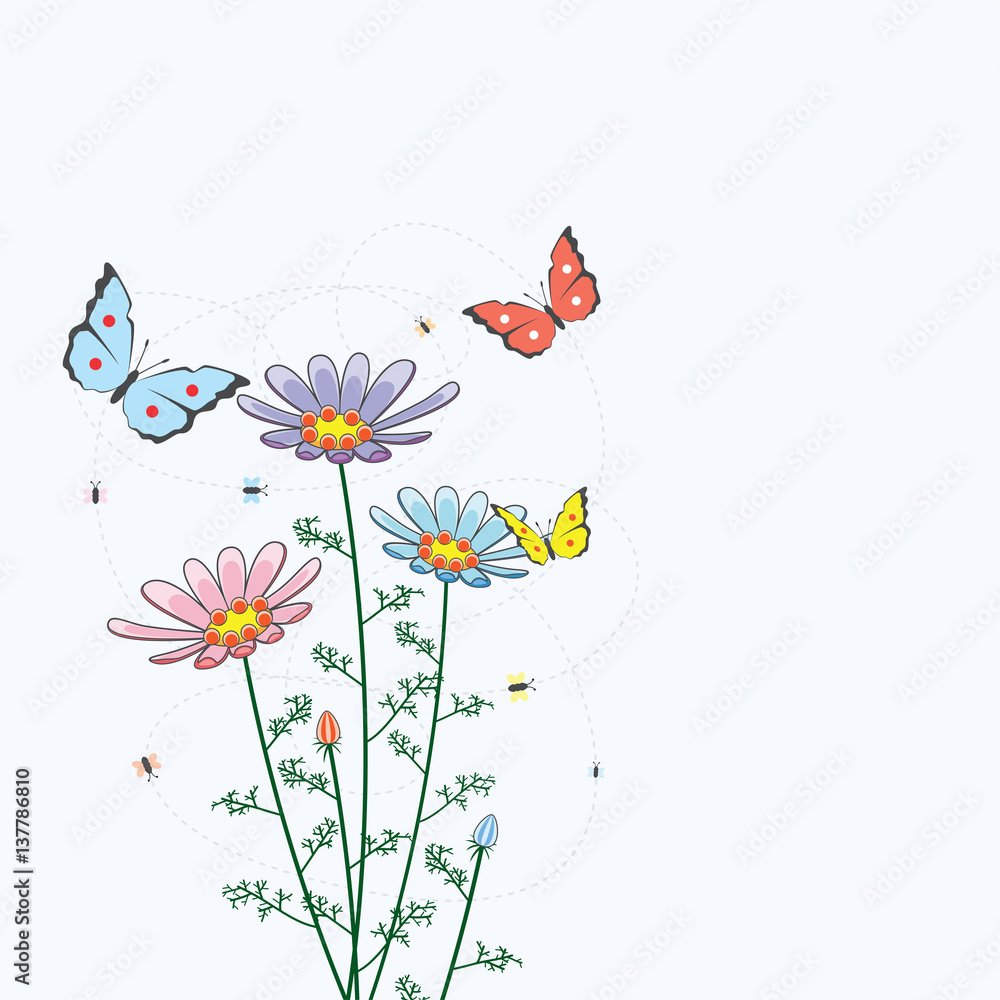 vector background with camomile flowers and butterflies