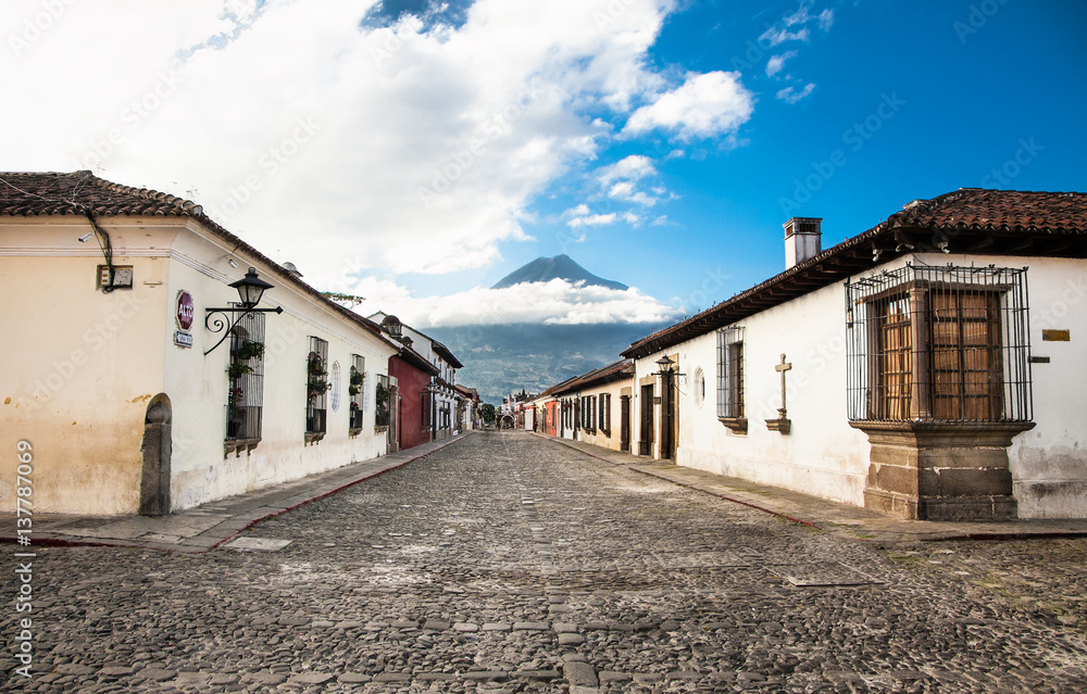 Colonial houses in tha street view of Antigua, Guatemala.