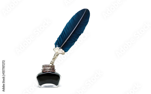 фотографія pen and inkwell isolated on white background