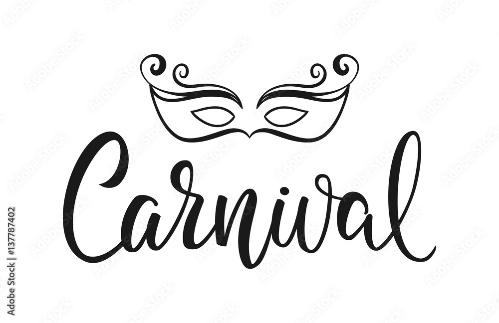Vector illustration: Handwritten elegant brush lettering of Carnival with hand drawn masquerade mask.