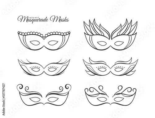 Vector illustration: Set of hand drawn outline masquerade masks.