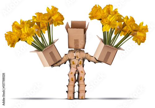 Fototapeta Naklejka Na Ścianę i Meble -  Boxman holding large boxes of yellow flowers. Isolated on a white background. Flower delivery or gift concept