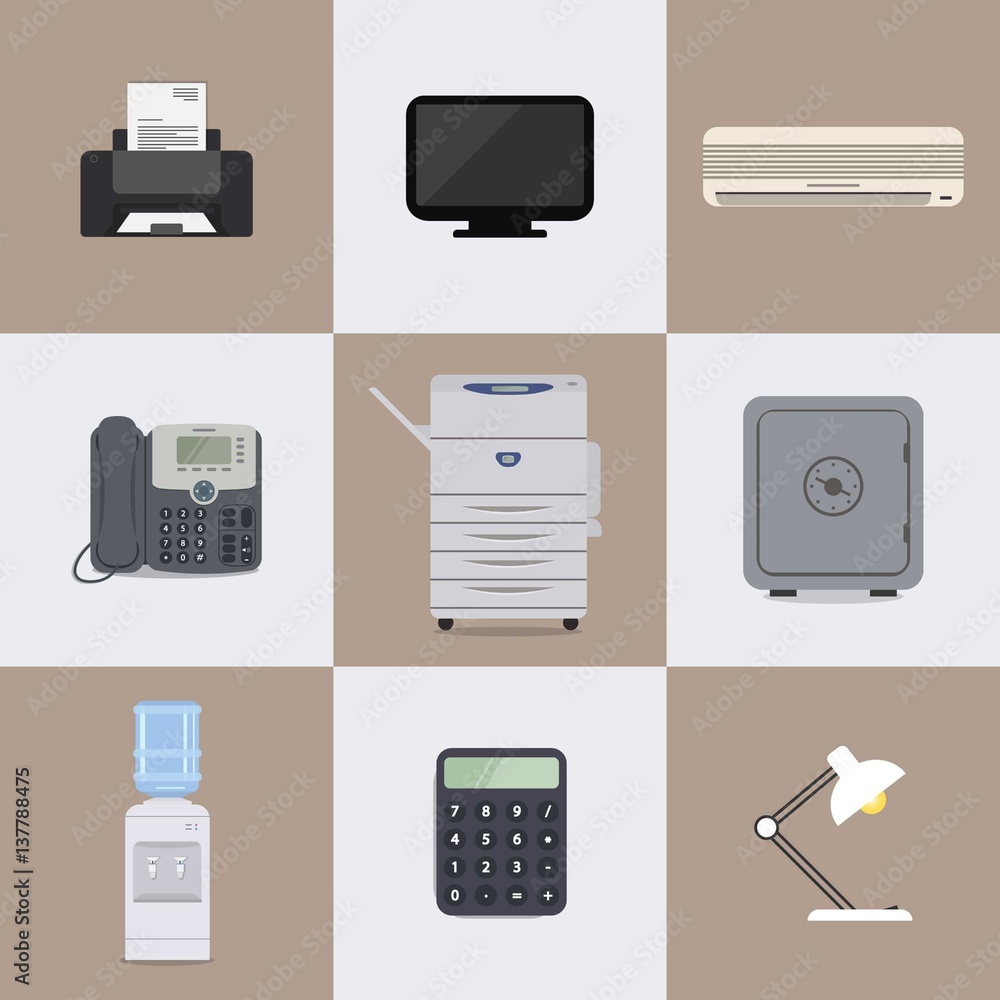 Set of nine icons of office elements. There is a printer, a monitor, a  conditioner, a