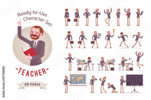 Ready-to-use male teacher character set, different poses and emotions