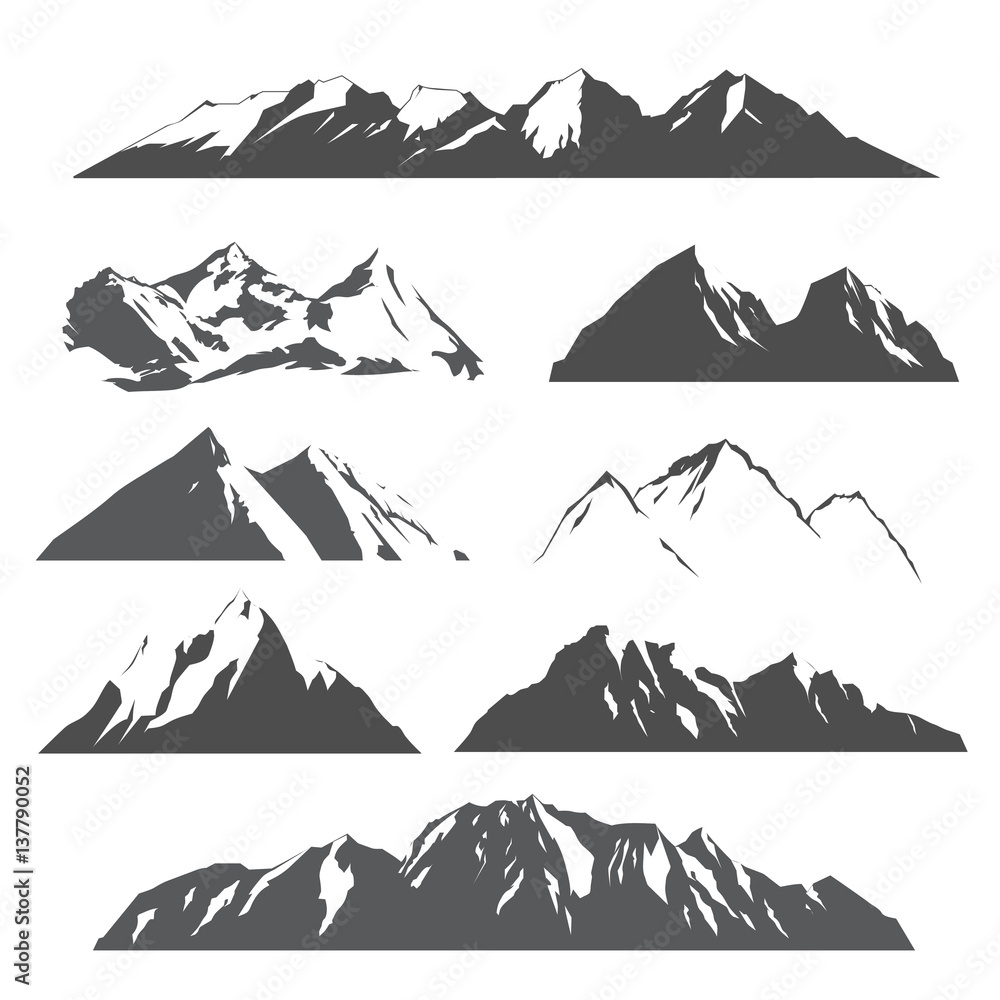 Plakat Set of vector mountains. Silhouettes of mountains of different shapes. Design elements for logo