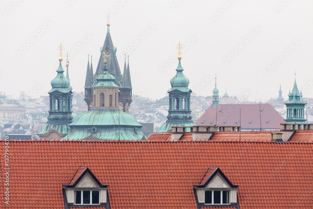 View on the red roofs and cathedral towers in Prague.