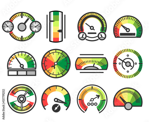 Measuring guage device vector icons. Measurement and measure, level indicator meter signs