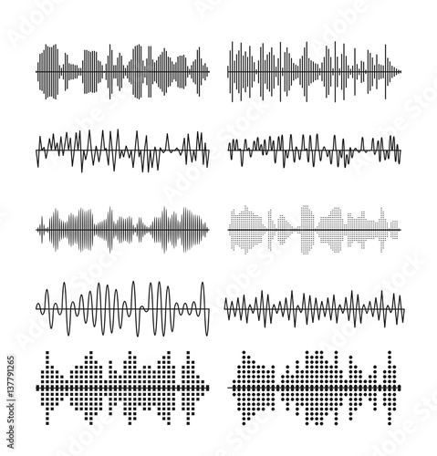 Sound wave forms vector illustration. Soundtrack audio music amplitude waveforms equalizer