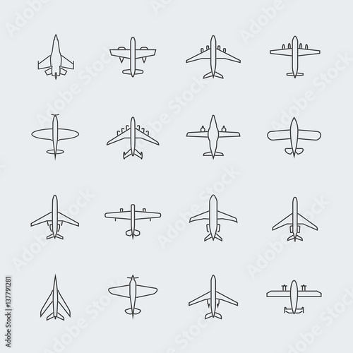 Aviation thin line icons and linear aircraft planes vector signs