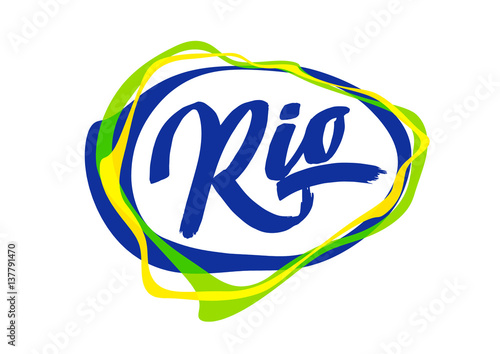 Vector illustration: Handwritten lettering of Rio in abstract colorful speech bubble.
