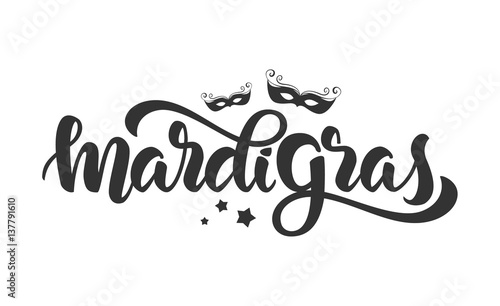 Vector illustration: Handwritten modern brush lettering of Mardi Gras with silhouettes of Carnival masks and stars on white background
