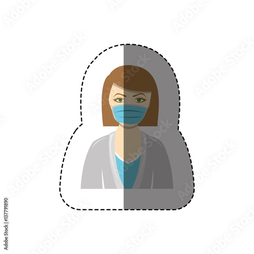 color sticker with half body of nurse with mouth cap vector illustration