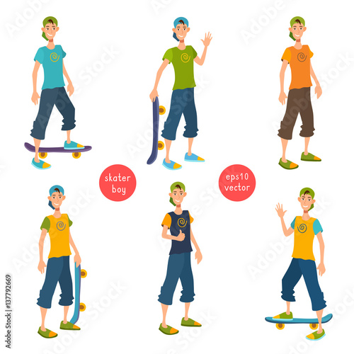 Young cool boy skateboarder stand in cap and shorts. Extreme sport, lifestyle, active leisure.