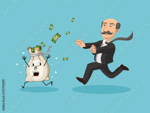 Businessman chasing money bag.