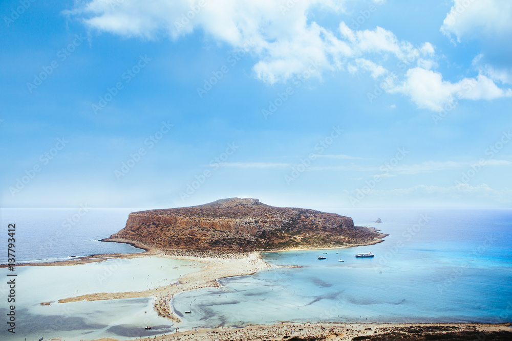 Mediterranean sea landscape view of beach and mountains on Crete island
