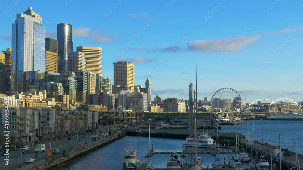 Seattle, WA - January 30, 2017. Port of Seattle. Skyscrapers on a background of blue sky. Downtown Seattle, Pier 66. City landscape video. 4K, 3840*2160, high bit rate, UHD Seattle, WA - January 30, 2017. Port of Seattle. Skyscrapers on a background of blue sky. Downtown Seattle, Pier 66. City landscape video. 4K, 3840*2160, high bit rate, UHD