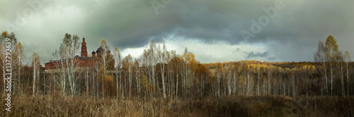 Cloudy sky above the birch grove and the Orthodox monastery