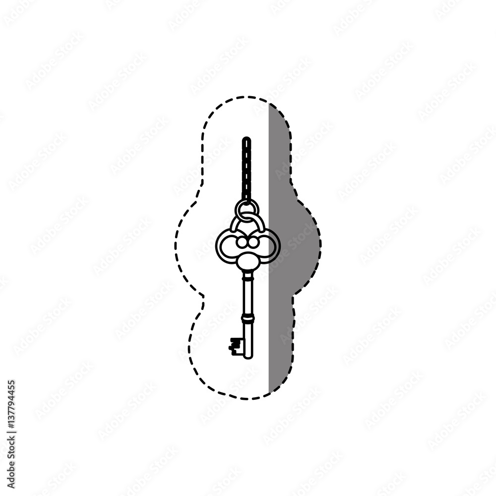 Fototapeta premium monochrome contour sticker with silhouette of vintage key with chain vector illustration