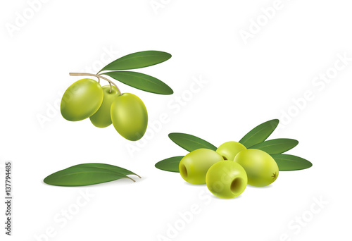 Set of green olives on white background