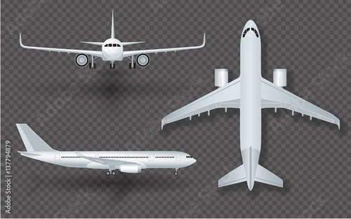 White airplane with shadow icon set on transparent background in profile and from the front isolated vector illustration