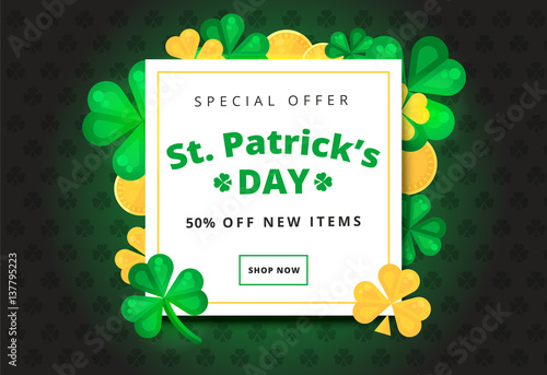 St. or Saint Patrick's day vector background design. La Fheile Padraig holiday banner layout. Greeting letter or postcard element with Irish symbols. Party or event headline template with text. photo