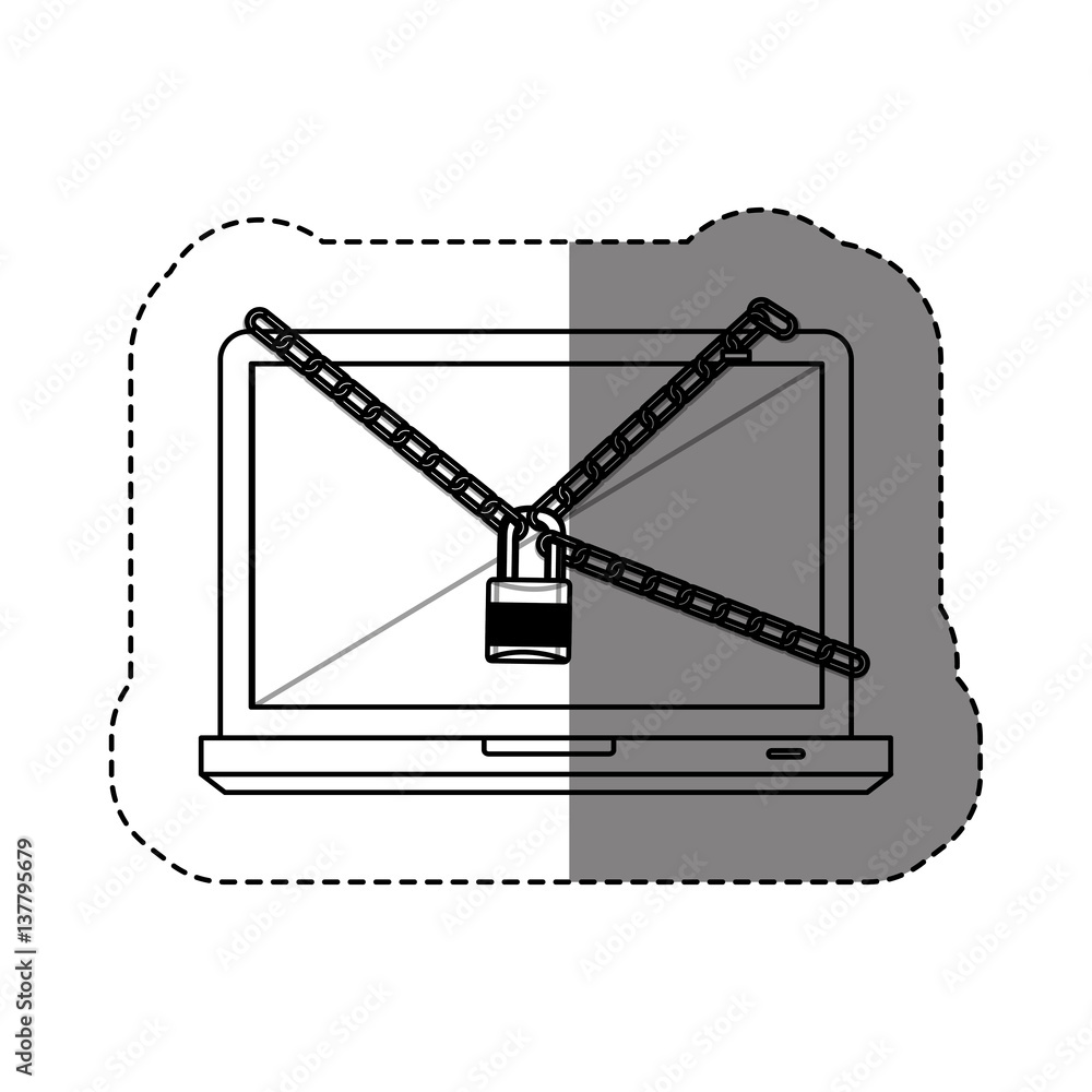 monochrome contour sticker with laptop with chains and padlock vector illustration monochrome contour sticker with laptop with chains and padlock vector illustration
