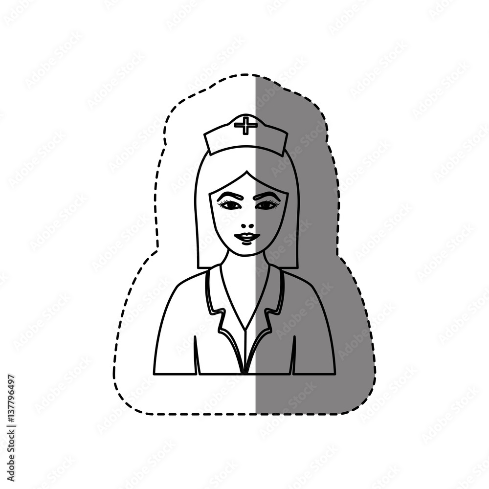 monochrome contour sticker with half body of nurse vector illustration