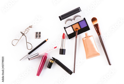 Fototapeta Naklejka Na Ścianę i Meble -  Makeup cosmetics tools and essentials, flat lay on white background