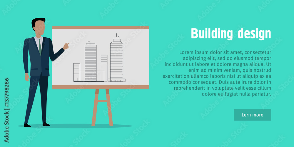 Fototapeta premium Building design. Man in Black Suit near Stand.