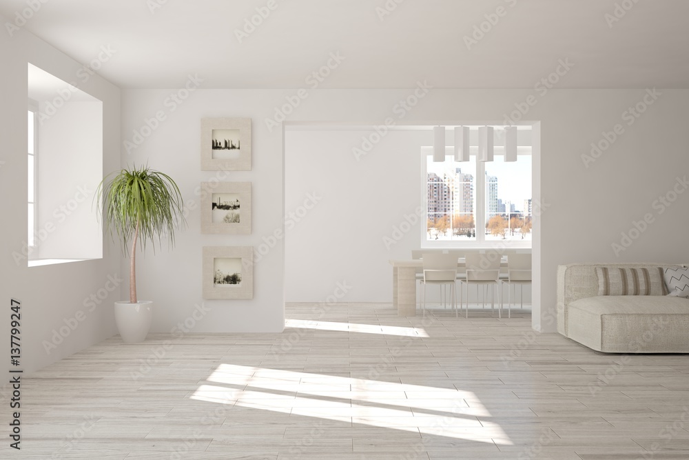 Fototapeta premium White room with sofa and urban landscape in window. Scandinavian interior design