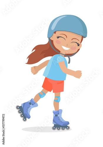 Girl with Long Brown Hair in Helmet Roller Skating