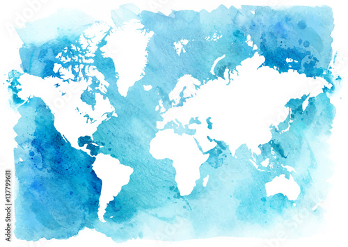Fototapeta Vintage mapa świata na niebieskim tle. Ilustracja akwarela.