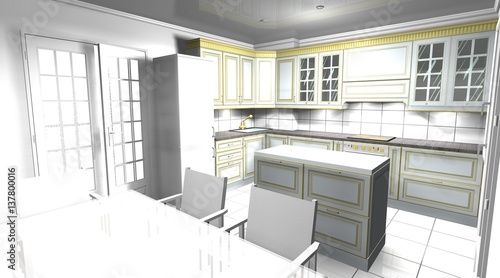 white kitchen in a classic style 3D rendering interior design