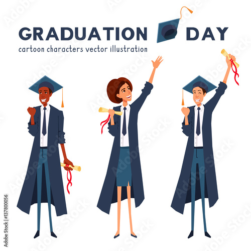 Graduation smiling cartoon characters. Male, female person celebrate commencement.