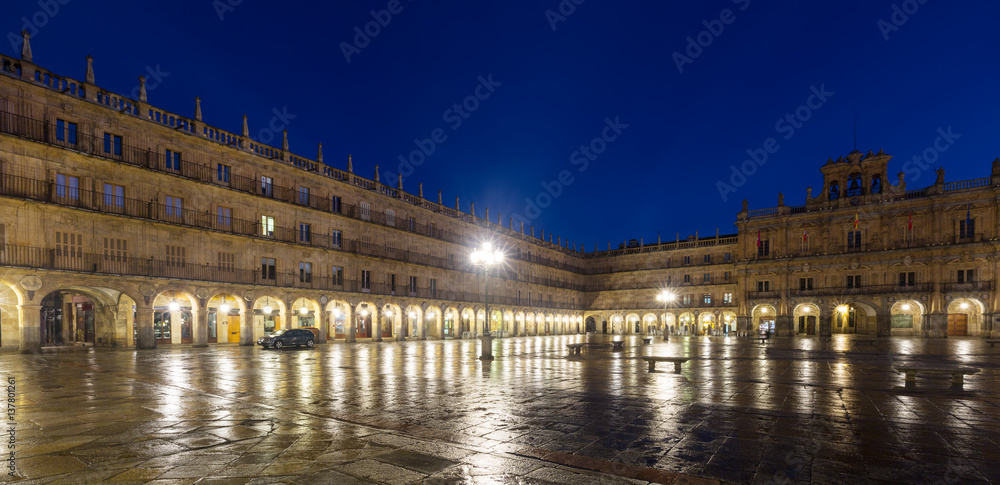   Night view of Plaza Mayor  in  center of Salamanca