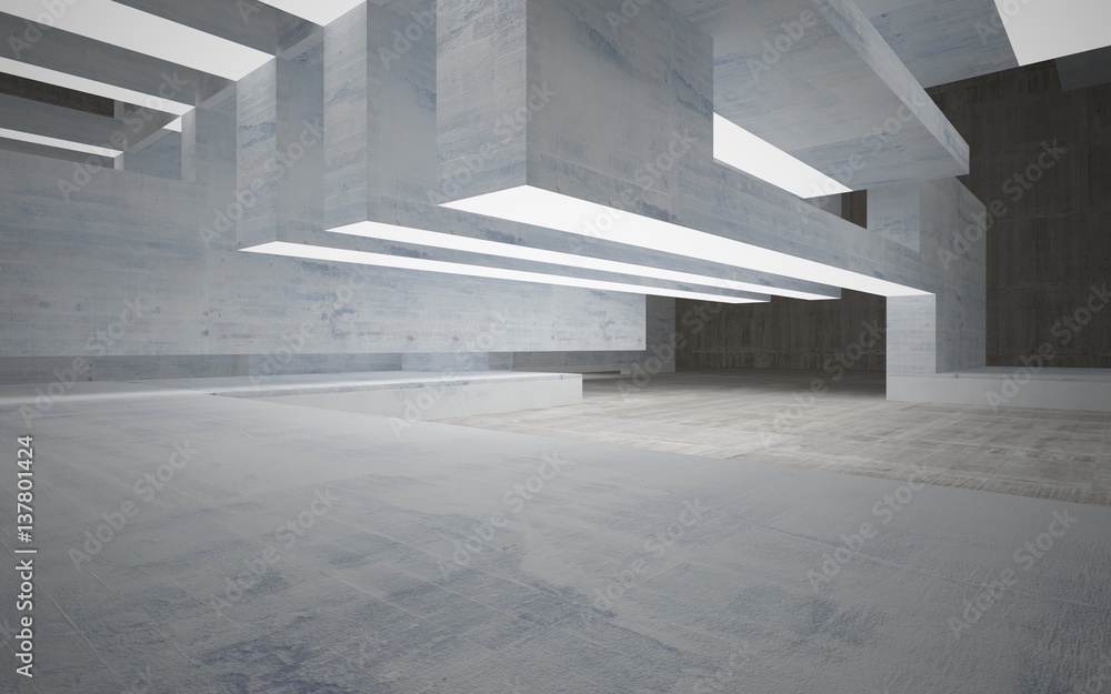 Obraz premium Empty dark abstract concrete room interior. Architectural background. Night view of the illuminated. 3D illustration and rendering