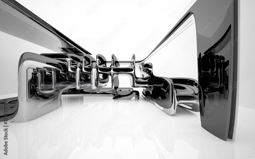 Obraz premium Abstract interior with glossy black sculpture. 3D illustration and 3D rendering