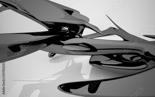 Abstract interior with glossy black sculpture. 3D illustration and 3D rendering