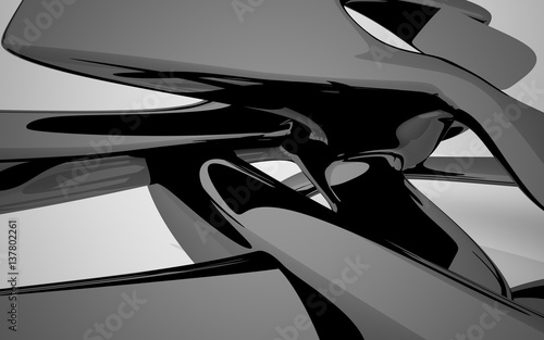 Abstract interior with glossy black sculpture. 3D illustration and 3D rendering