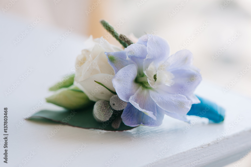 Tender rose and blue flower put in a boutonniere Tender rose and blue flower put in a boutonniere