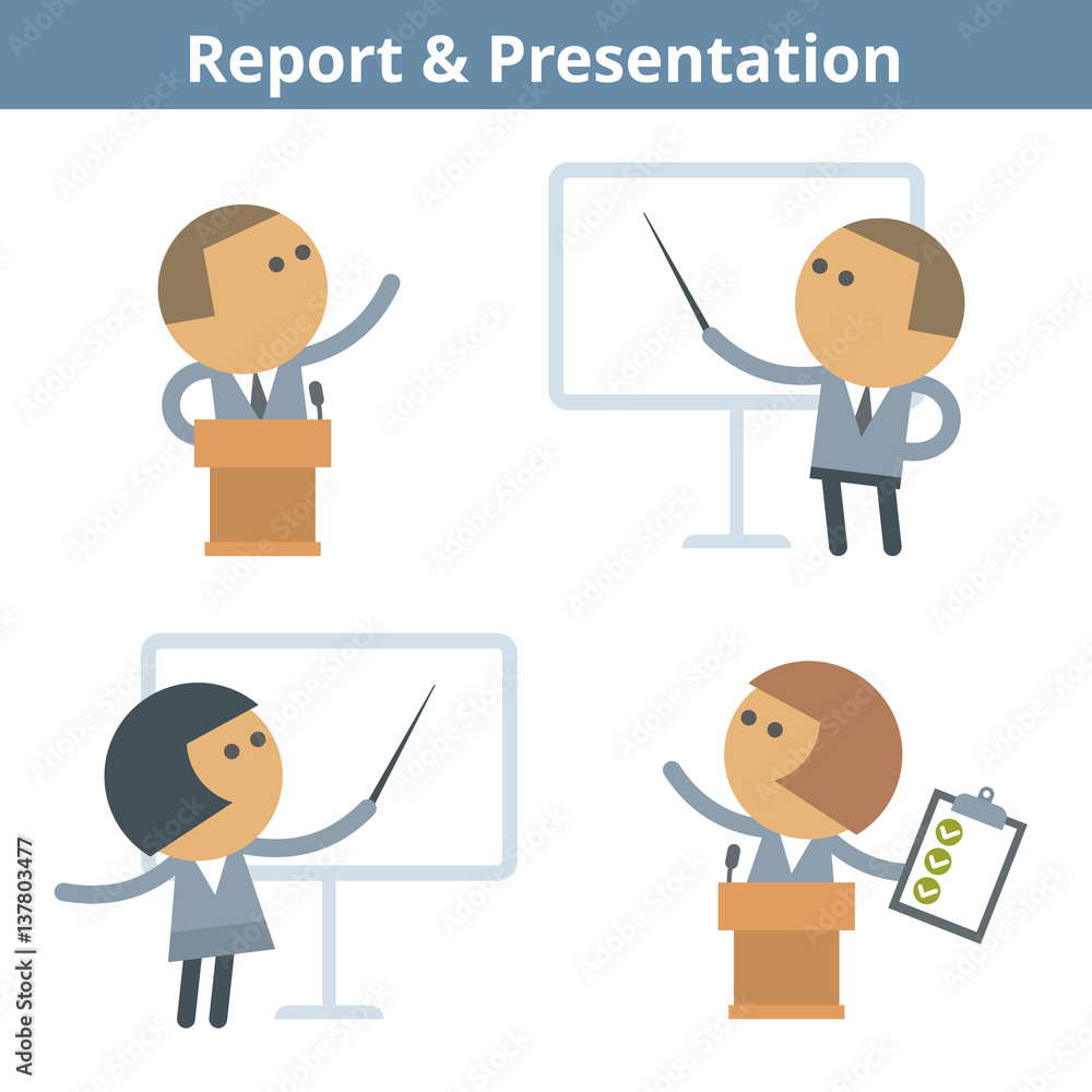Fototapeta premium Business cartoon avatar set: report and presentation. Vector flat office, seminar, conference and lecture people userpic and icons. Collection for web design, social networks and infographics.