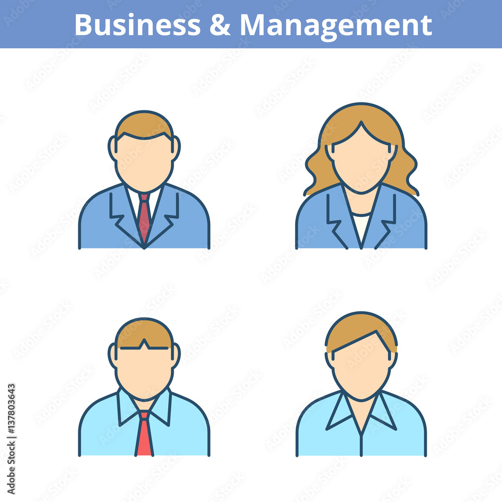 Occupations colorful avatar set: businessman, businesswoman, consultant, manager. Flat line professions userpic collection. Vector thin outline icons for web design, social networks and infographics.