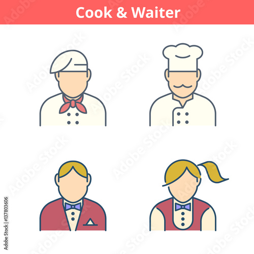 Occupations colorful avatar set: cook, chef, waiter, baker. Flat line professions userpic collection. Vector color thin outline icons for profiles, web design, social networks and infographics.