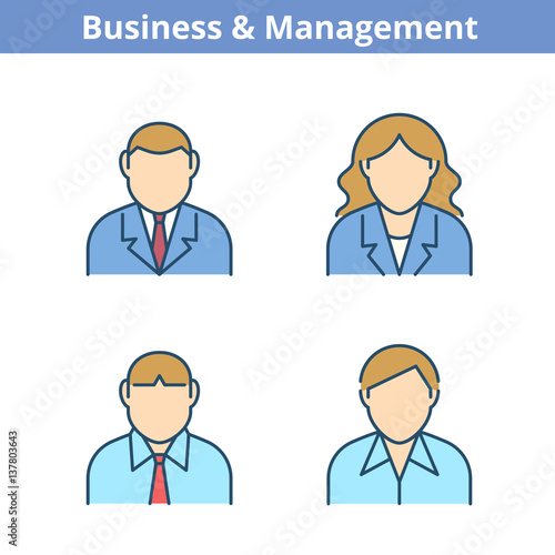 Occupations colorful avatar set: businessman, businesswoman, consultant, manager. Flat line professions userpic collection. Vector thin outline icons for web design, social networks and infographics.